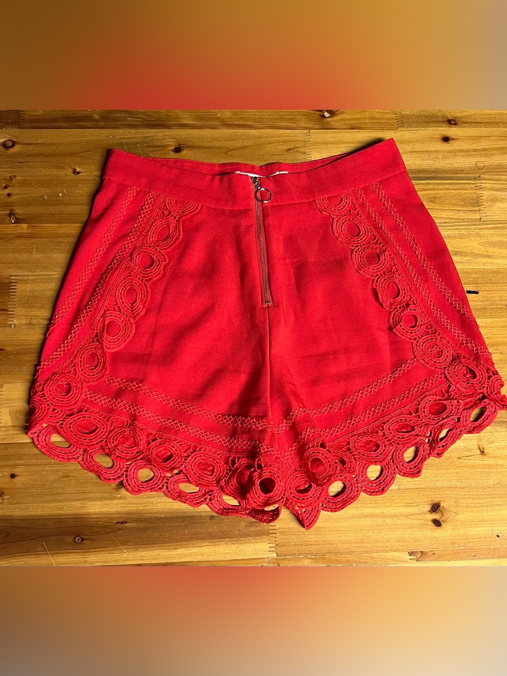 Scalloped Red Lace-Trim High-Waist Women's Shorts